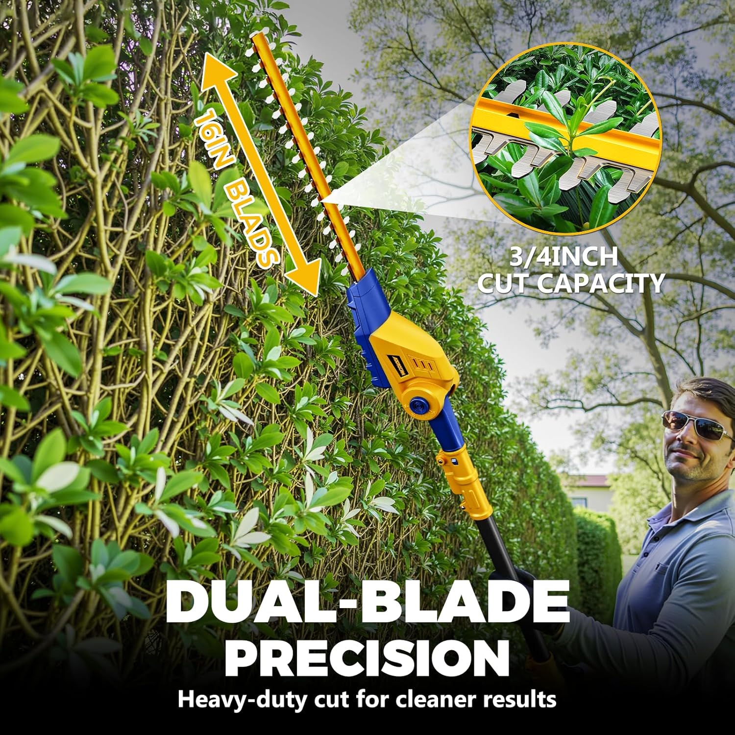 Cordless Pole Hedge Trimmer for Dewalt 20V Max Battery,16'' Dual Action Blades,8-Feet Reach,Electric Hedge Trimmer with Extension Pole,Bare Tool Only