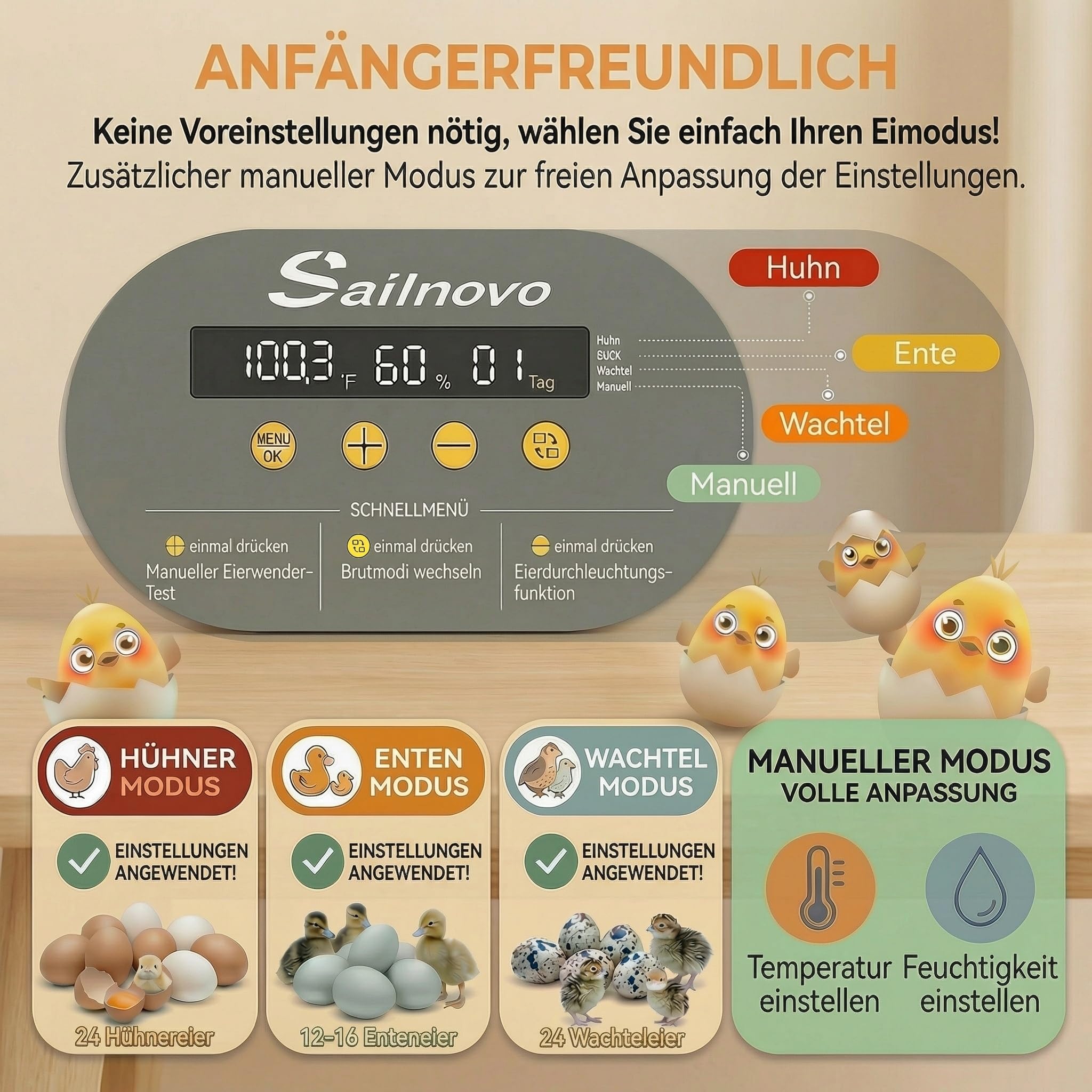 Sailnovo 24-Eier-Inkubator – Vier Modi, Feuchtigkeitsanzeige, automatische Eierwendung und integrierte Schierlampe. Für Hühner-, Enten-, Wachteleier. Ideal für Zuhause, Bauernhof, Unterricht (Grau)