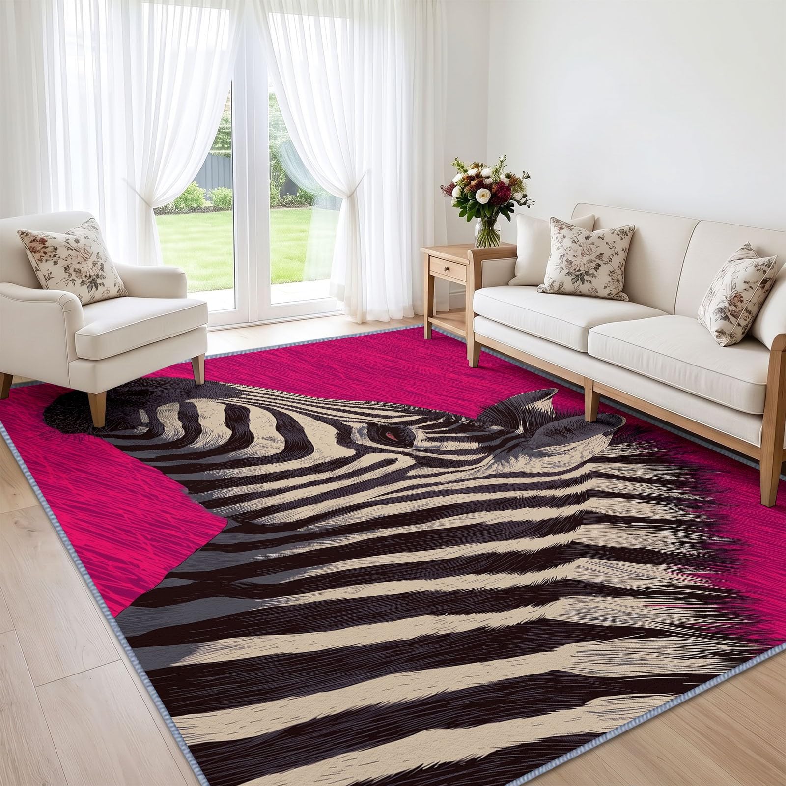 Alfombra de área con estampado animal para sala de estar, 140 x 200 cm, cabeza de cebra, lavable a máquina, alfombra para dormitorio, suave, pelo corto, antideslizante, alfombra clásica para comedor