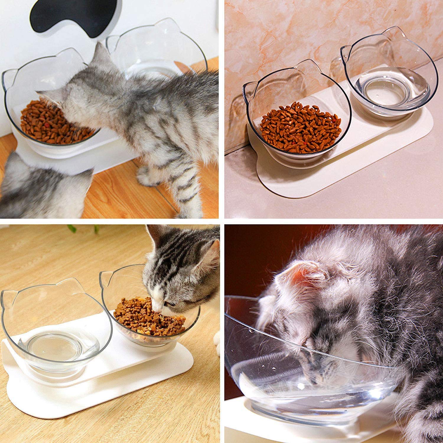 NC Ciotole Cibo per Gatti, Ciotole Inclinabili 15°, Doppie per Alimenti Ciottola Trasparente Gatto