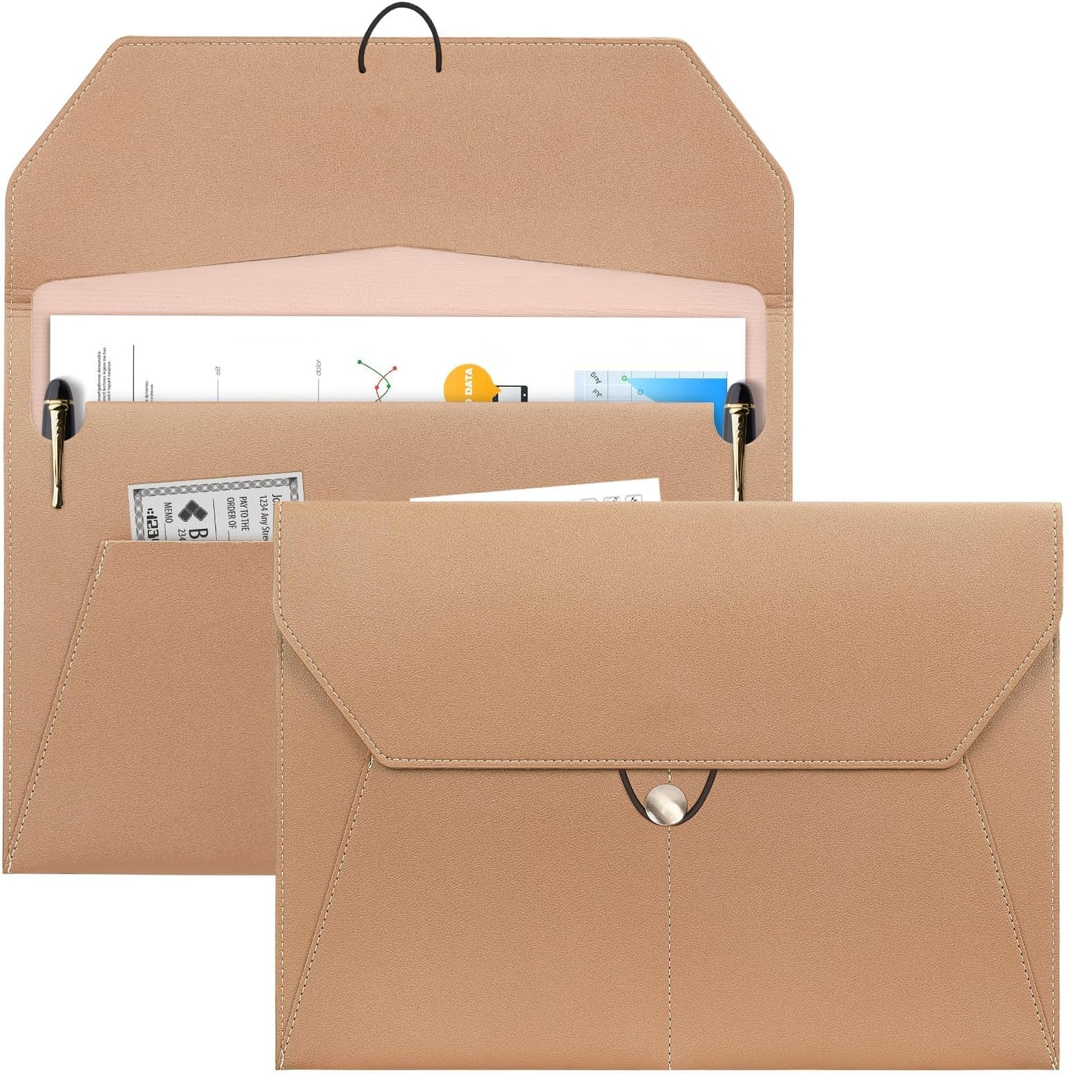 PU Leather A4 Document Holder File, Organizer Filing Envelope Portfolio Case Tablet Sleeve with Rope Buckle Closure & Front Pockets for Home School Office Stationery (Light Brown)