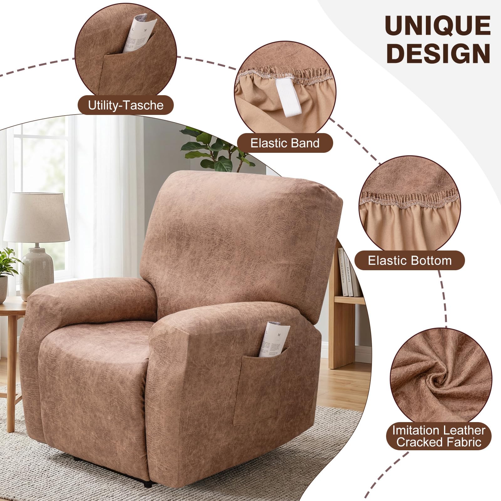 TOPCHANCES Copripoltrona Relax Reclinabile,4-Pezzo Fodera Per Poltrona Elasticizzato,Antigraffio Anti-Animali Per Poltrona Con Tasche Laterali,Estraibili E Lavabili Fodere Protettive,Beige,1 posto