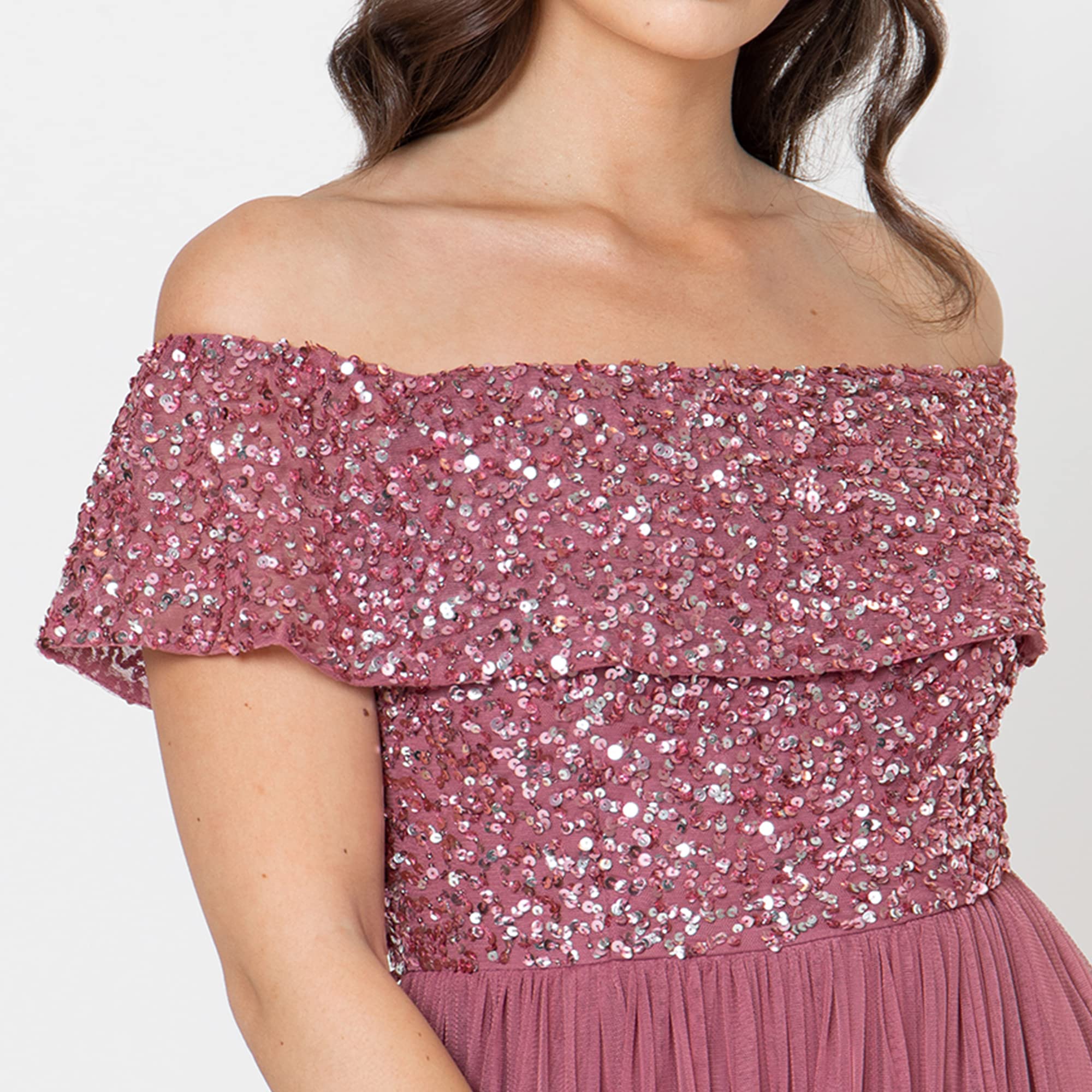 Maya Deluxe Abendkleid Damen Brautjungfernkleid Bardot Paillettenverzierung Abendkleid Elegant für Hochzeit Tüllkleid
