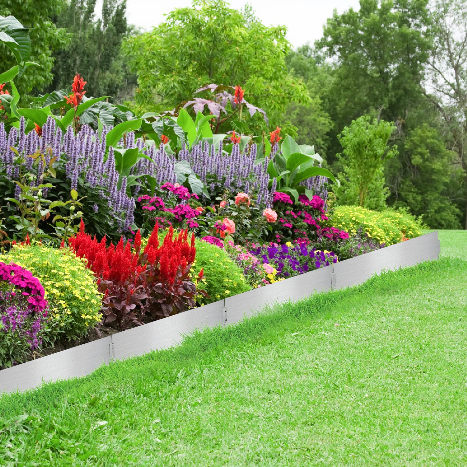 Bordure de pelouse en métal 20m - 20 pièces Bordure de Tonte, galvanisée Clôture de Jardin Bordure de Parterre Longueur par Bande 10m - Hauteur 15cm, Argent