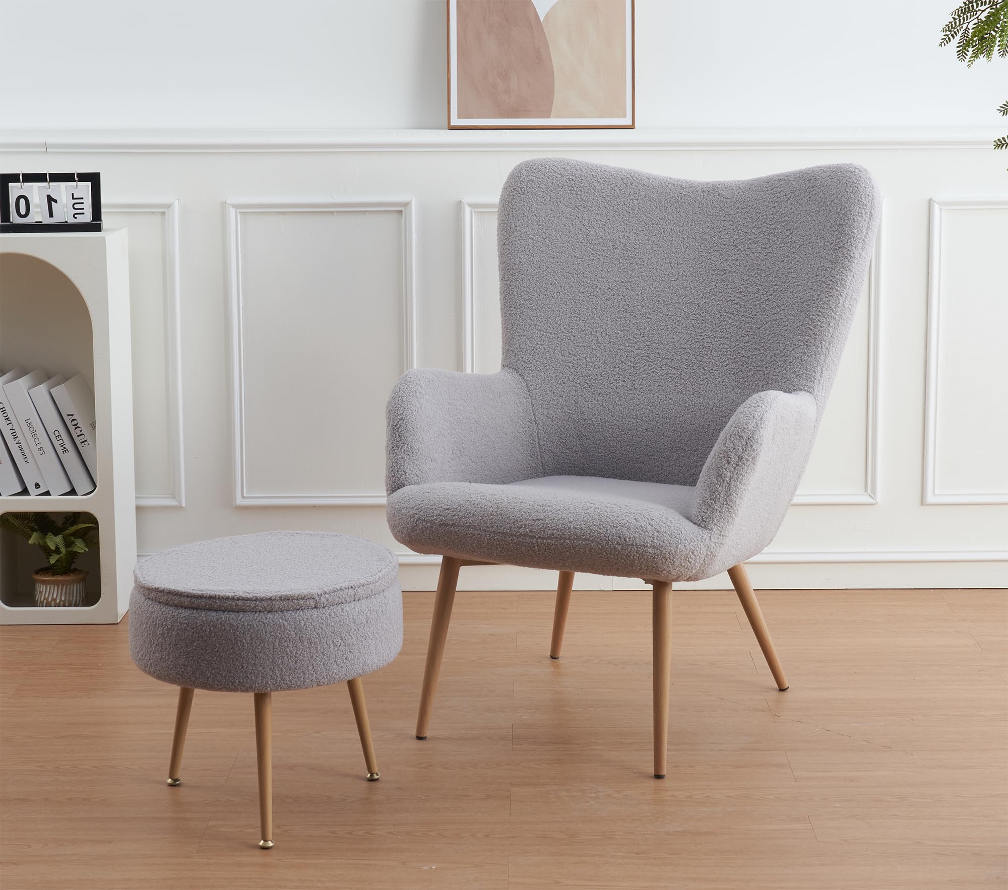 IlGruppone Poltrona Imbottita Ergonomica con Schienale E Braccioli con Poggiapiedi Contenitore Camera da Letto Salotto Moderna Pouf Sedia Effetto Teddy Morbida - Grigio