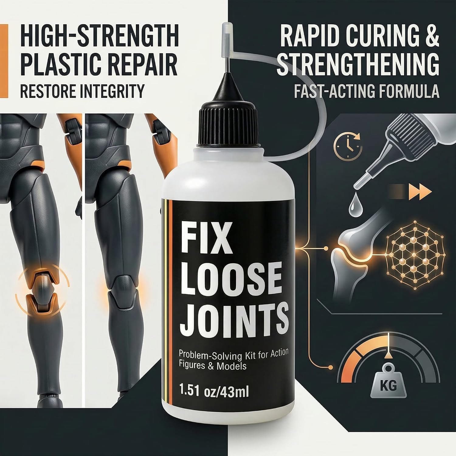 43ml Fix Loose Joints Solution for Action Figures & Models, Precision Needle Head for Easy Application, Fast-Acting Long-Lasting Hold, Safe for Plastic Resin Vinyl Materials