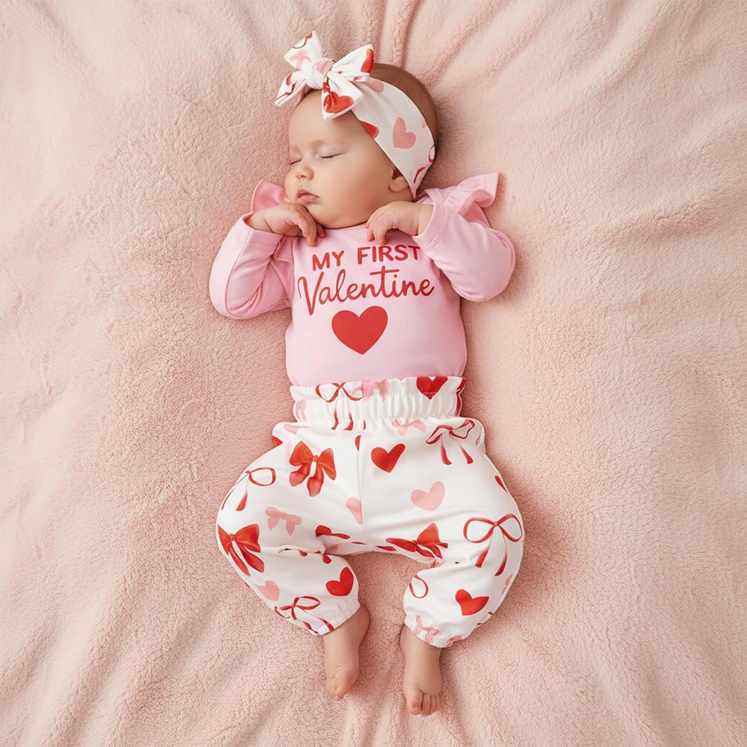 MoZiKQin Baby Girl Valentines Day Outfit My First Valentine Romper Onesie Hearts Print Pants Headband Newborn Clothes Set - Image 2