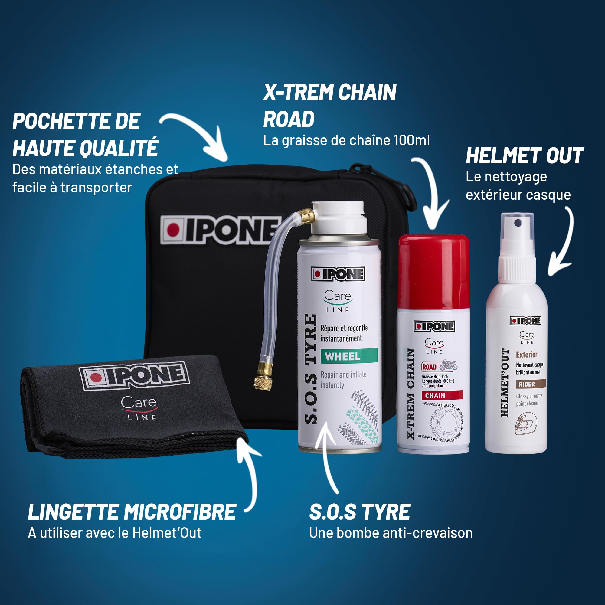 IPONE – Kit Crevaison & Entretien Moto : Bombe Anti-Crevaison, Graisse Chaîne 800 km, Nettoyant Casque + Lingette – Pochette Étanche Compacte Voyage Moto