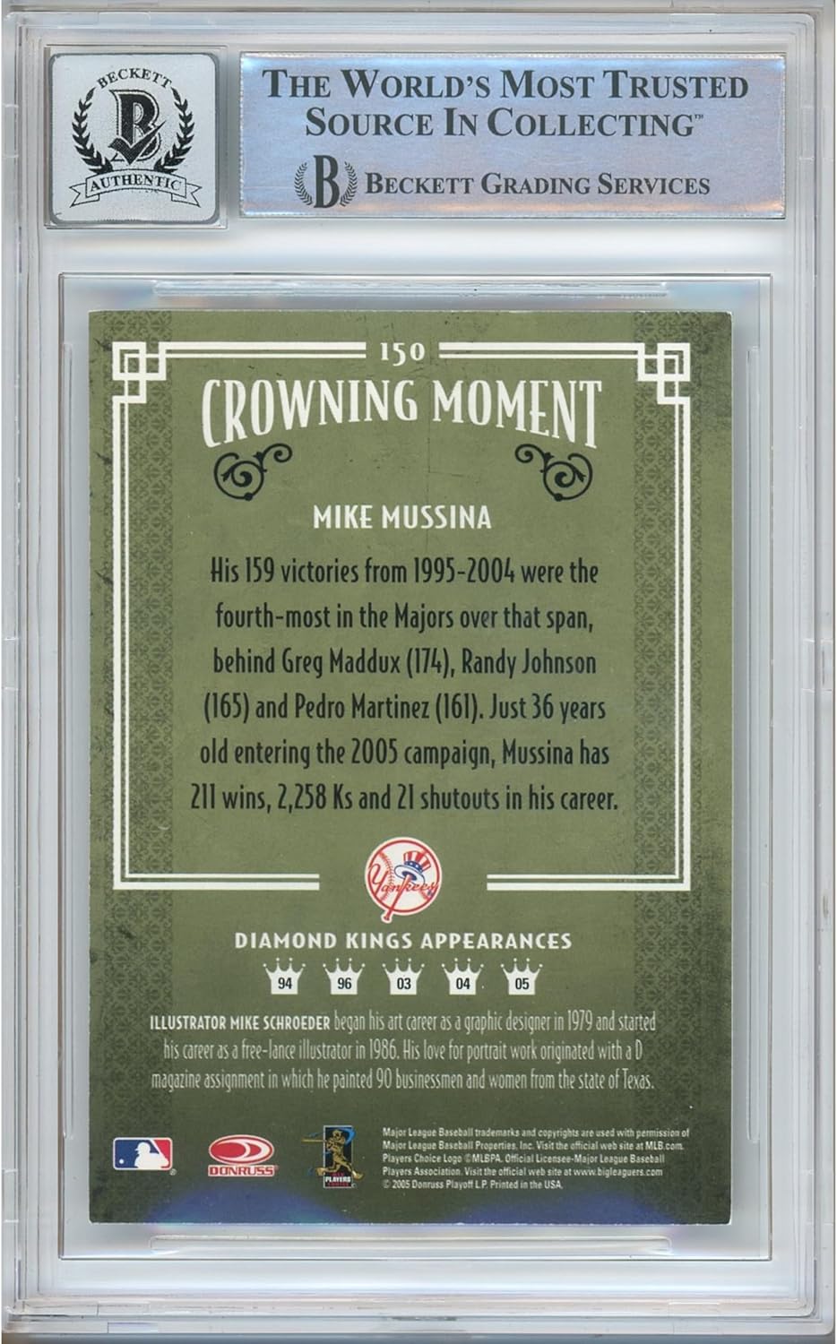 Mike Mussina Autographed 2005 Donruss Diamond Kings #150 Baseball Trading Card Beckett BGS Auto 10 Graded BAS Authentic Slabbed COA Played For New York Yankees MLB