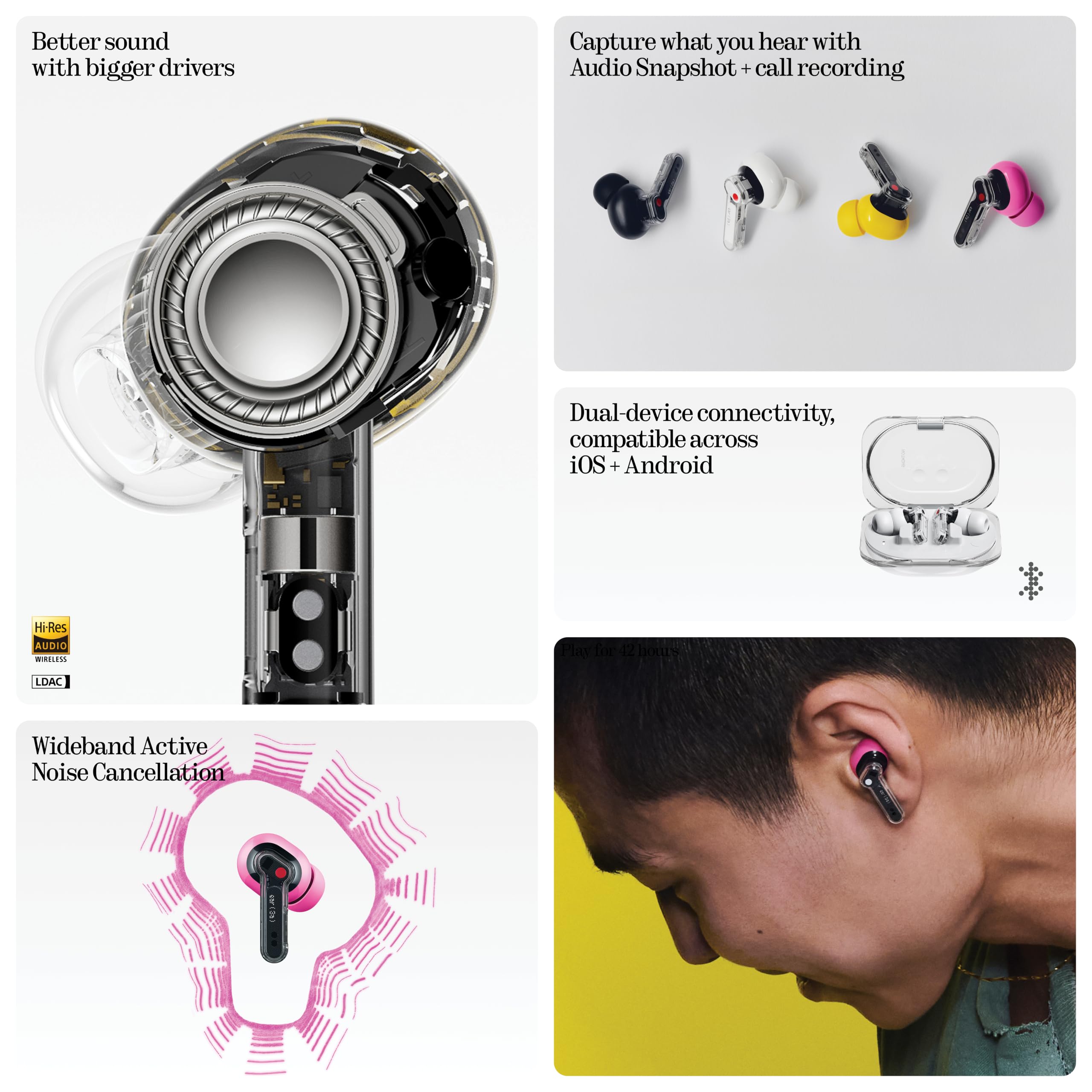 Nothing Ear (3a) Écouteurs Réduction Bruit, 45dB Hybrid ANC, Hi-Res Audio, 12mm Bass Boost, 6 Mics, Bluetooth Dual Connect pour Sport, Voyages, Travail