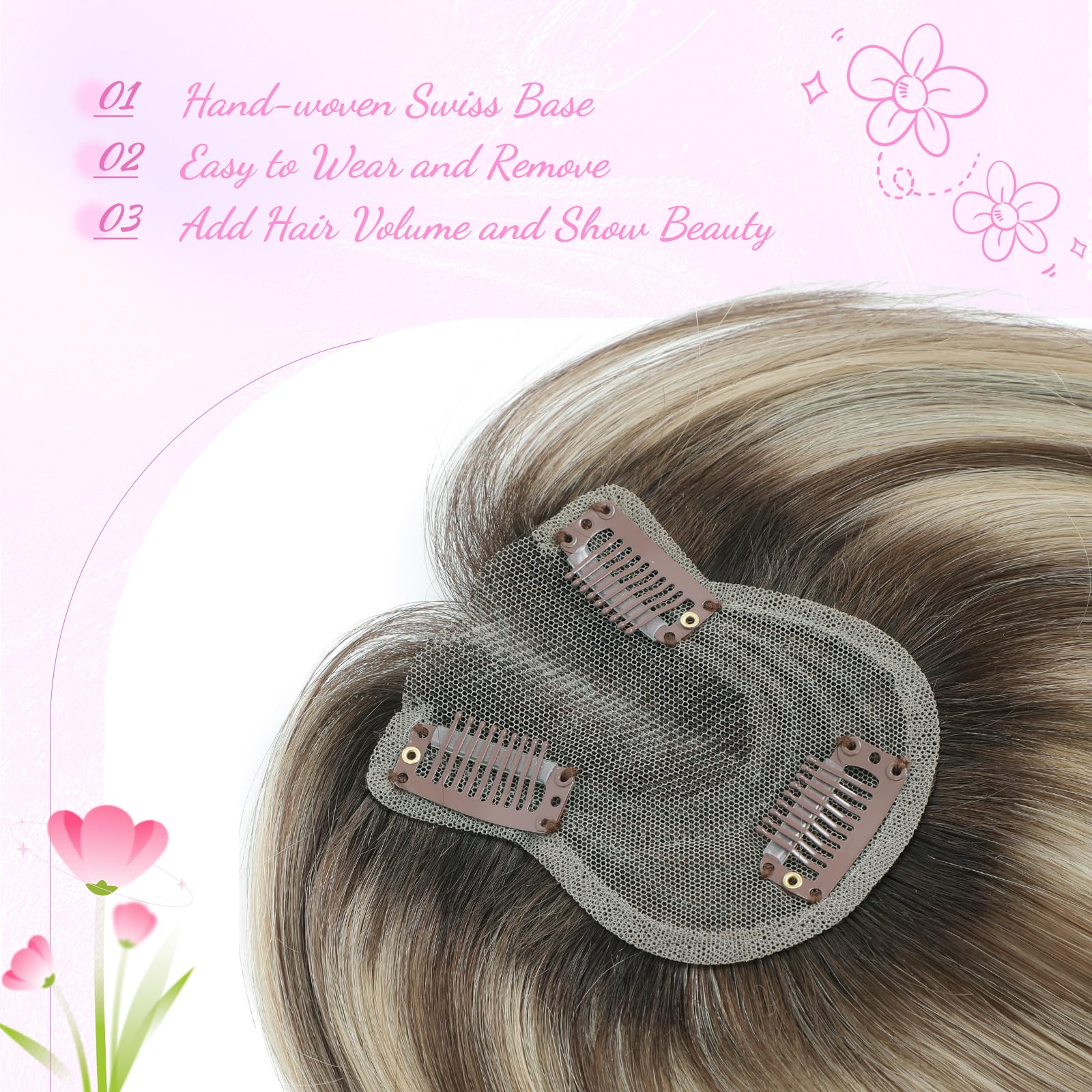 Hair Toppers for Women Fluffy Human Hair Topper 10inch Handmade Swiss Base Hairpieces 360° Cover Hairloss and Grey Hair (Ombre Light Brown with Blond Highlight) - Image 3
