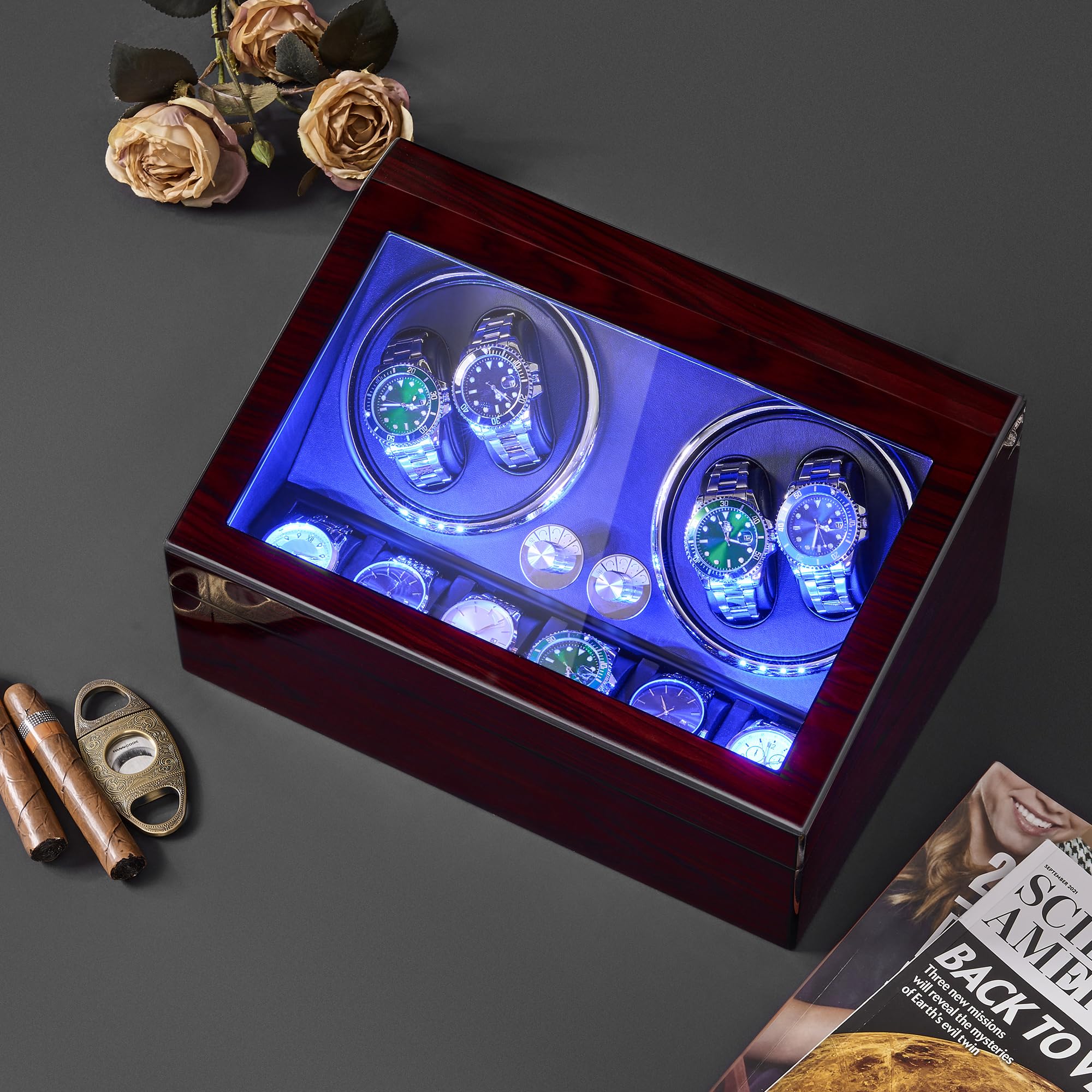 ANWBROAD Caricatore per orologi automatici per 4 orologi + 6 posti di memoria extra 4 modalità di rotazione con super silenzioso Mabuchi Caricatore automatico di lusso per orologi Avvolgitore orologio