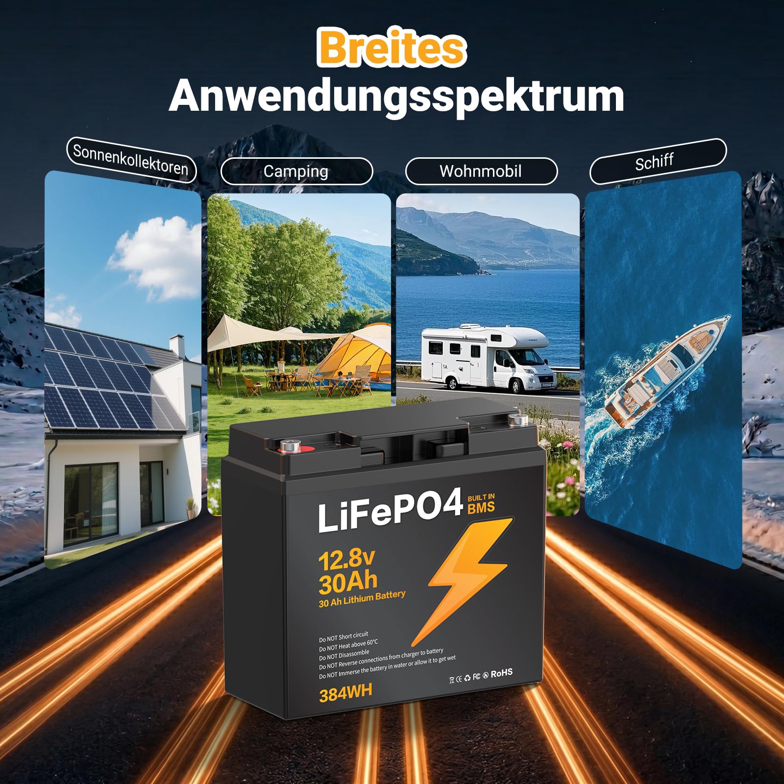 12,8V 30Ah LiFePO4 Batterie 384Wh mit integriertem BMS-Schutz | LiFePO4 Lithium Batterie mit BMS-Schutz, passend für Solaranlagen, Camping-, Boots- und Wohnwagengeräte