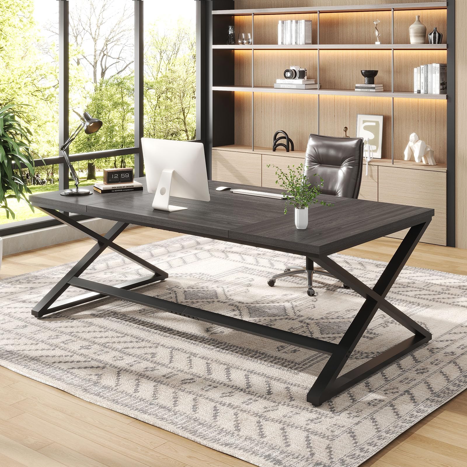 IBF Large Desk, Long Computer Desk for Writing Study, Industrial Home Office Work Executive Desk for Bedroom, Wood Metal Pc Gaming Workstation Computer Table for 2 Monitors, Dark Gray Oak 70 Inch — image 1