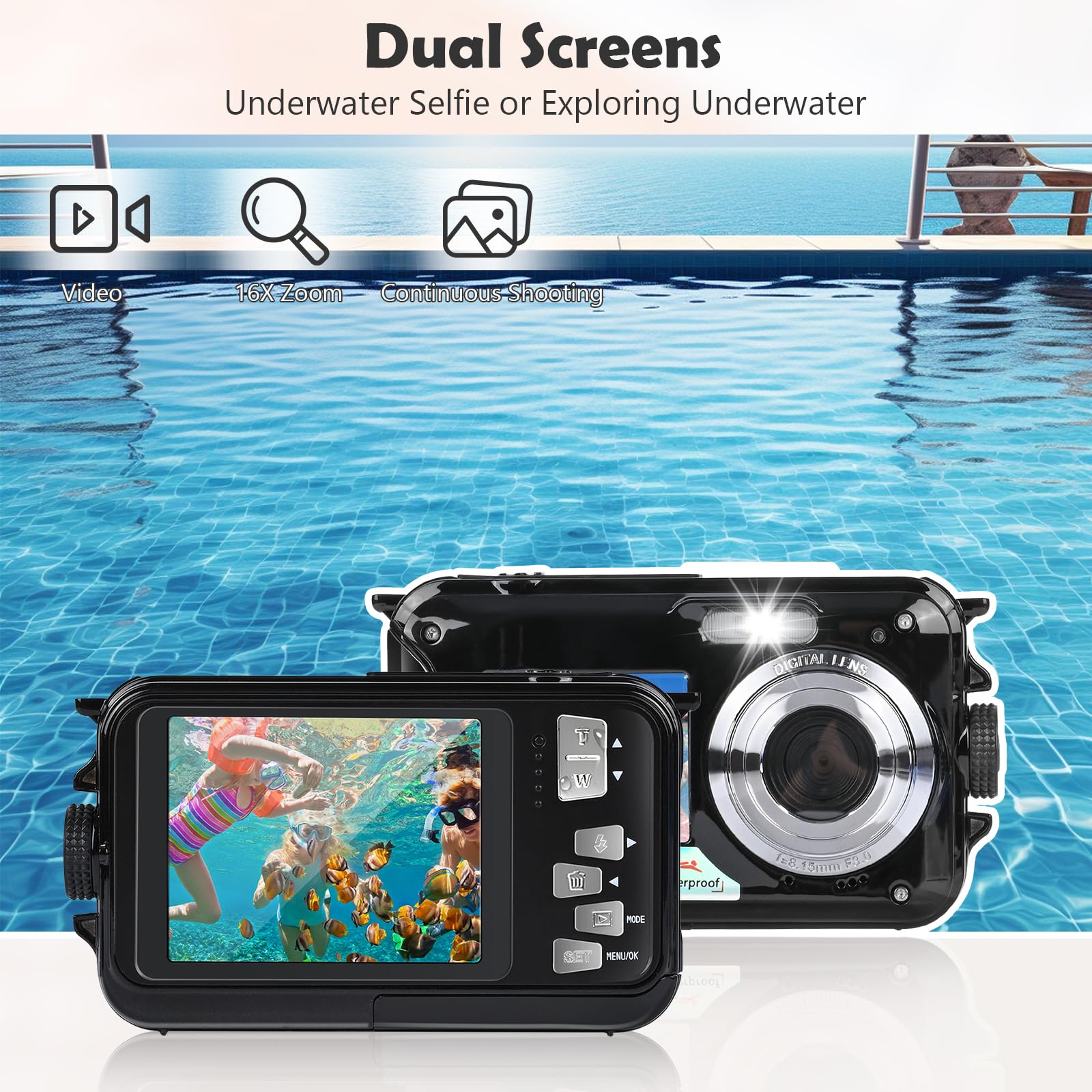 Camara Acuatica, Comius Sharp Camara Acuatica Sumergible Niños 10FT 30MP Foto FHD Video 16X Digital Zoom con Tarjeta Memoria 32 G y Selfie Doble Pantalla para Selfie Bajo el Agua, Buceo, Natación