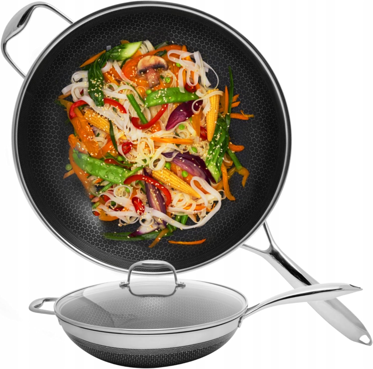 Wok Pan with Lid, Oven-Safe, Dishwasher Safe, with Black Cube Non-Stick Coating, for Induction, Gas Hob, Electric Hob, Made of Stainless Steel and Aluminium, 5.1 L, Diameter 32 cm