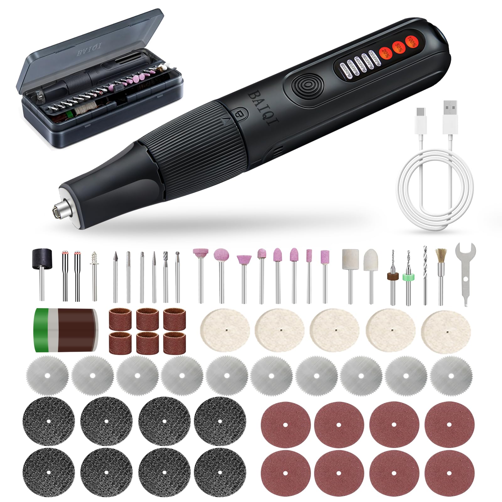 Utensile rotante senza fili da 8,0 V, 5 velocità, 65 pezzi, utensile rotante e accessori multiuso per intagliare, incidere, levigare, lucidare e tagliare, fai da te