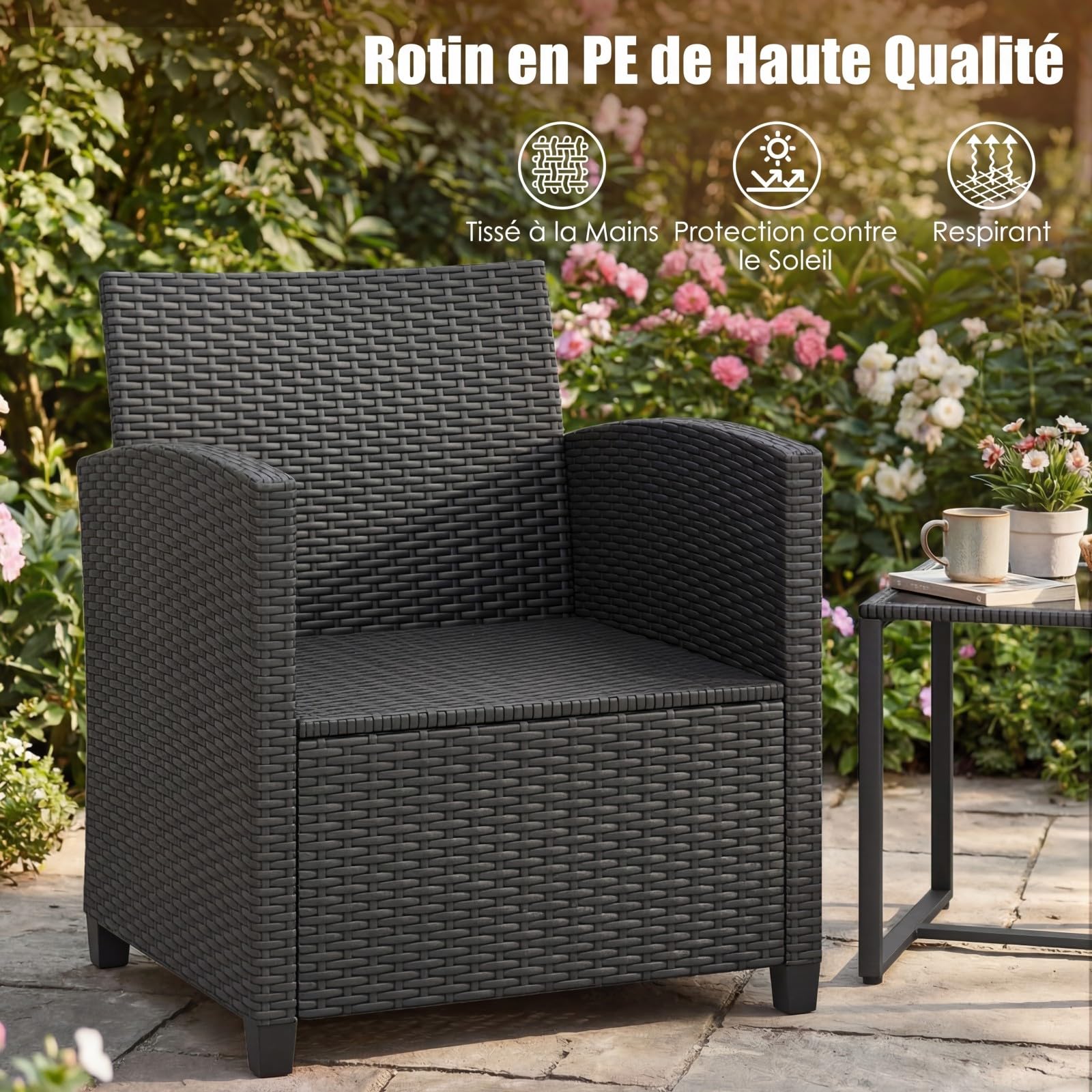 COSTWAY Ensemble Salon de Jardin 2 Personnes en Rotin PE, Mobilier d'Extérieur avec 2 Fauteuils Table Basse Plateau en Verre Trempé Coussins Amovibles, pour Terrasse Jardin (Noir+Beige)