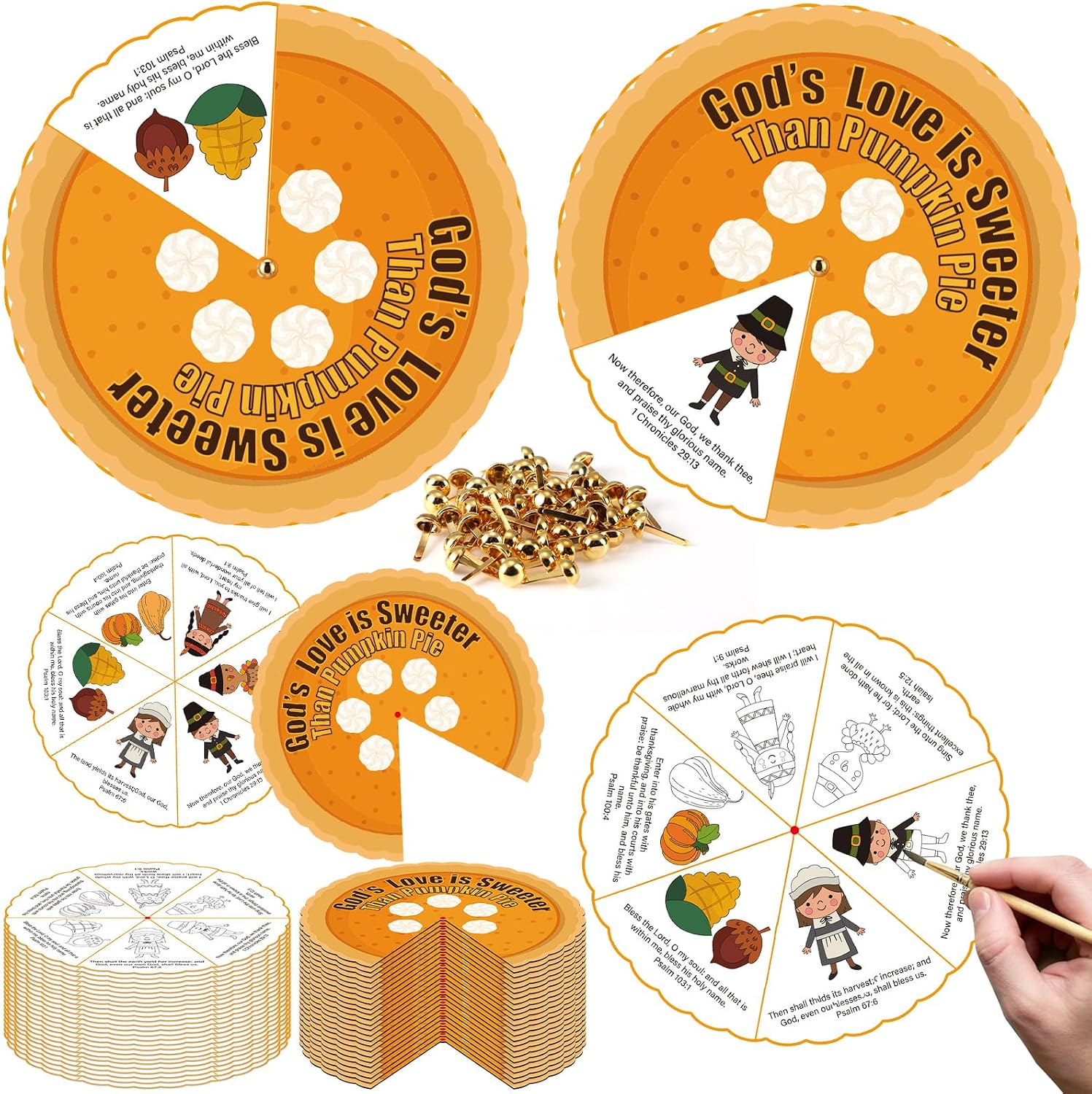 ForraFun 24 Sets Christian Fall Thanksgiving Craft Kit Religious Art Wheel Kit Color Your Own Autumn DIY Pumpkin Pie Card for Church Sunday School Home Classroom Reward Party Favor Decoration