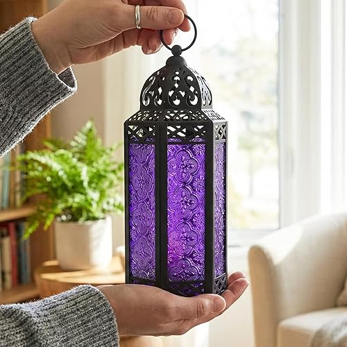 Miniatura 4 de Vela Lanterns - Farol portavelas decorativo, estilo marroquí, 3 piezas, cristal púrpura, tamaño mediano