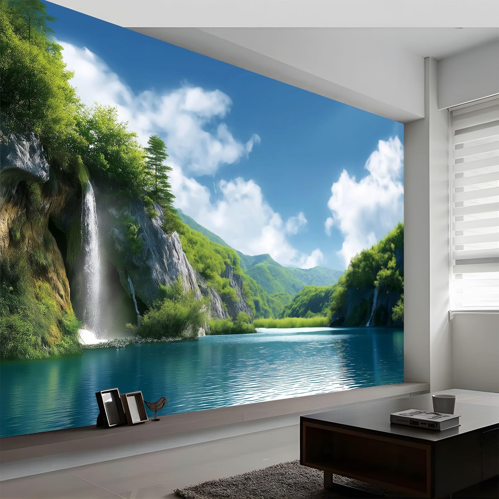Wall Mural Blue Sky Waterfall Green Plants Wallpaper, 3D Wall Mural Decoration Poster Natural Scenery Picture Design, Photo Wallpaper for Living Room Bedroom Children's Room Office 450 x 280 cm