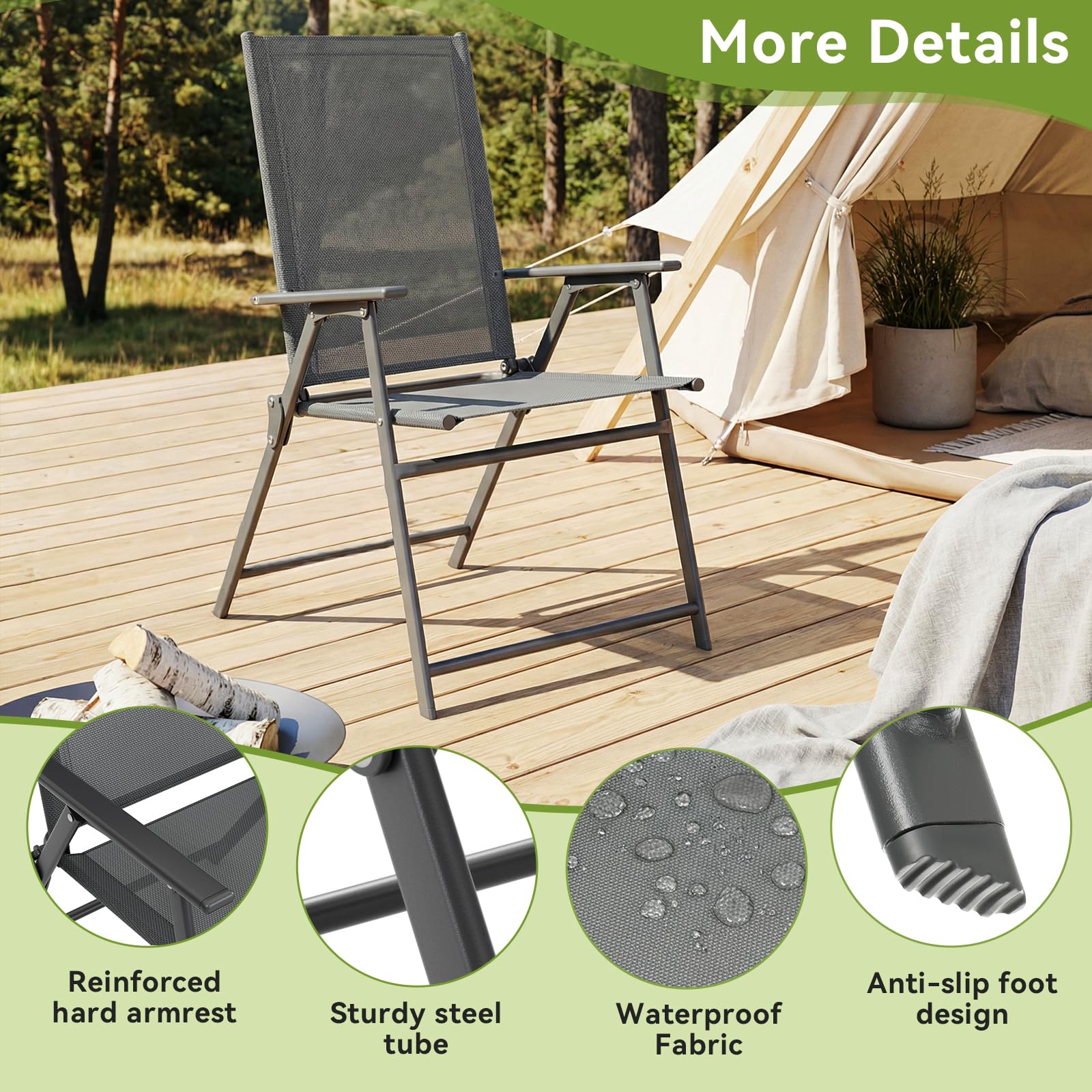 LIFERUN Gartenstühle 2er Set, Klappstühle mit Rückenlehne Armlehnen, Metall Gestell, Bis 120kg Belastbar, Leicht Klappstuh für Camping, Garten, Terrasse und Balkon, Dunkelgrau