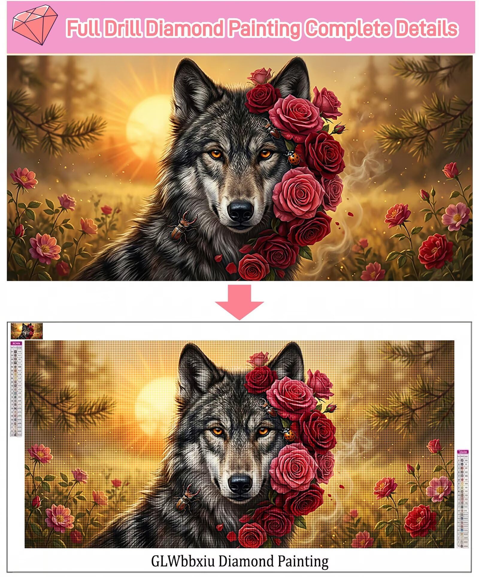 Diamond Painting Wolf Diamant Painting Bilder Rose Runder Full Drill DIY Set Erwachsene Diamanten Kinder Bastelset, Kreatives für Erwachsene Mosaik Bastelset für Home Decor Wand Deko, 60x120cm,Cod-915