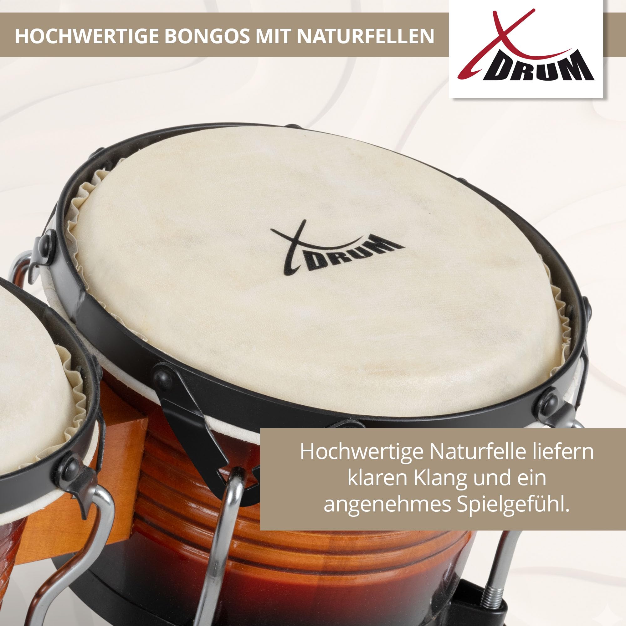 XDrum Bongos Pro Vintage Sunburst - 2 Trommeln mit 6,5" (17 cm) und 7,5" (20 cm) Durchmesser - Bongotrommeln mit stimmbaren Naturfellen, Stimmschlüssel und Ständer - Holztrommeln Rotbraun