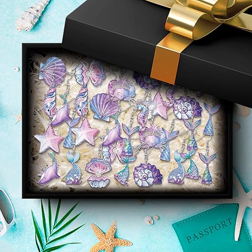 Miniatura 7 de Cumule Aretes de sirena Aretes colgantes de princesa con cola de pez, delfín, estrellas de mar, conchas marinas, escamas de pescado y diseños de