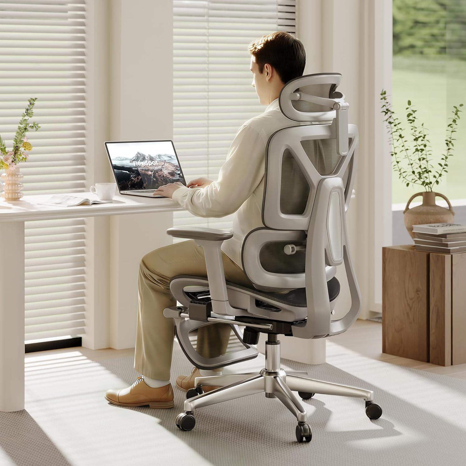 FLEXISPOT ErgoX Premium Ergonomic Office Chair with Footrest- Adjustable 3D Armrests, Dynamic Lumbar Support, Recline & Tilt Function, Mesh Seat, for Home & Office Use,Light Grey