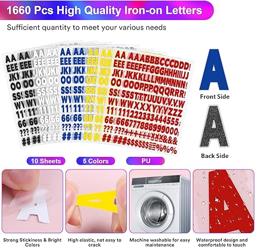 Miniatura 3 de 10 hojas, 1660 letras y números para planchar, de 1 pulgada, 5 colores de letras de vinilo con letras de transferencia de calor de la A a la Z,