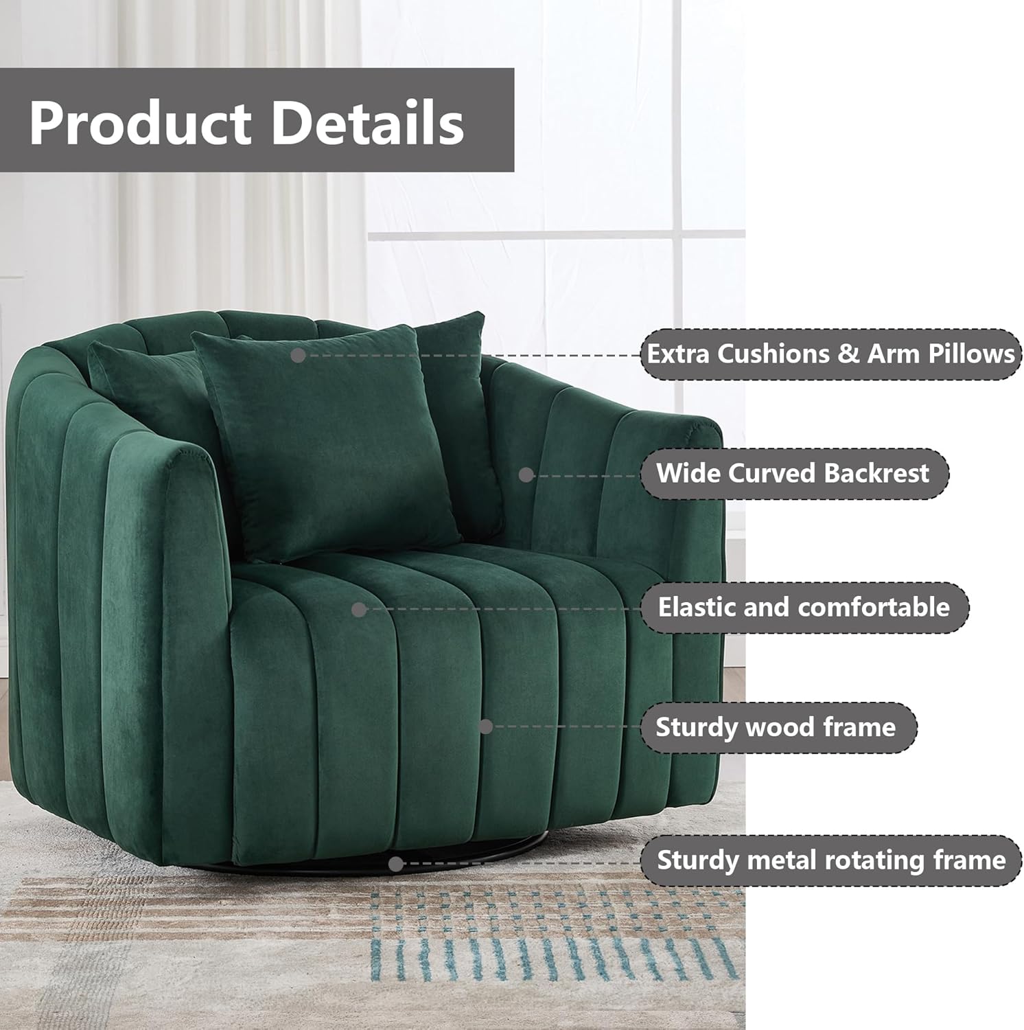 40 Inch Barrel Swivel Chairs with 3 Pillows,Green Velvet Swivel Chairs for Living Room,Modern Accent Chair,Large Armchair 350lbs