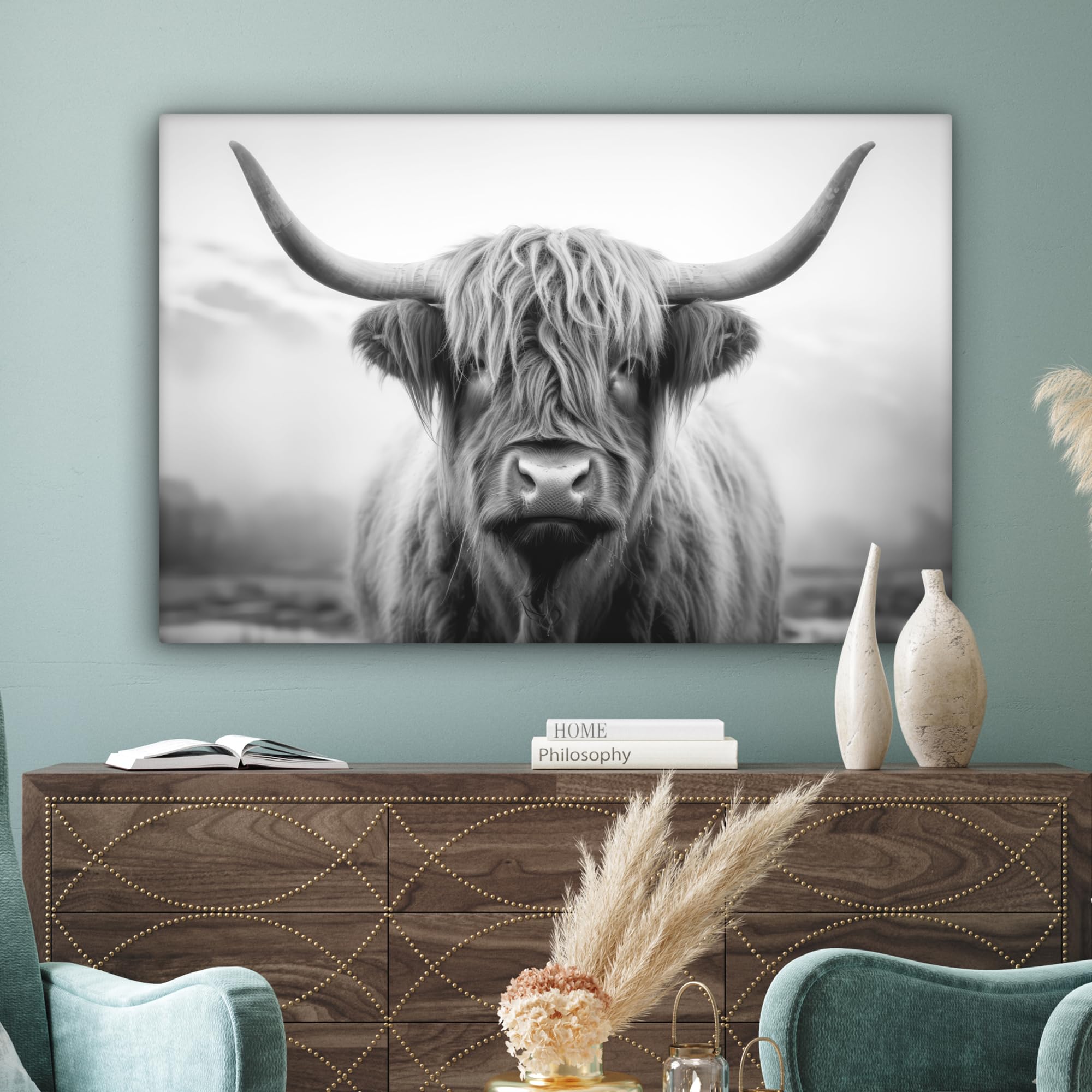 MuchoWow Bild auf Leinwand 120x80 cm XXL Wanddeko Highland Cow Schottisches Hochlandrind