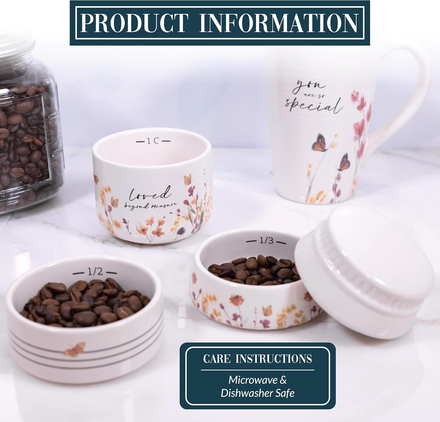 Pavilion Gift Company - Loved Beyond Measure - 6-inch Stackable Ceramic Kitchen Measuring Cup - ¼, ⅓, ½, 1 Cup, Rustic, Antique, Farmhouse Design For Kitchen, Mason Jar Measuring Cup, 1 Count, Cream