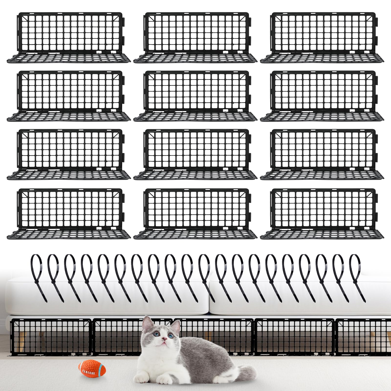Under Couch Blocker, Adjustable Toy Blockers for Furniture, 12 Pack Blocking Board with 20 Ties Stop Toys and Pets from Going Under Sofa Bed, Plastic Floor Protectors Guards Barrier
