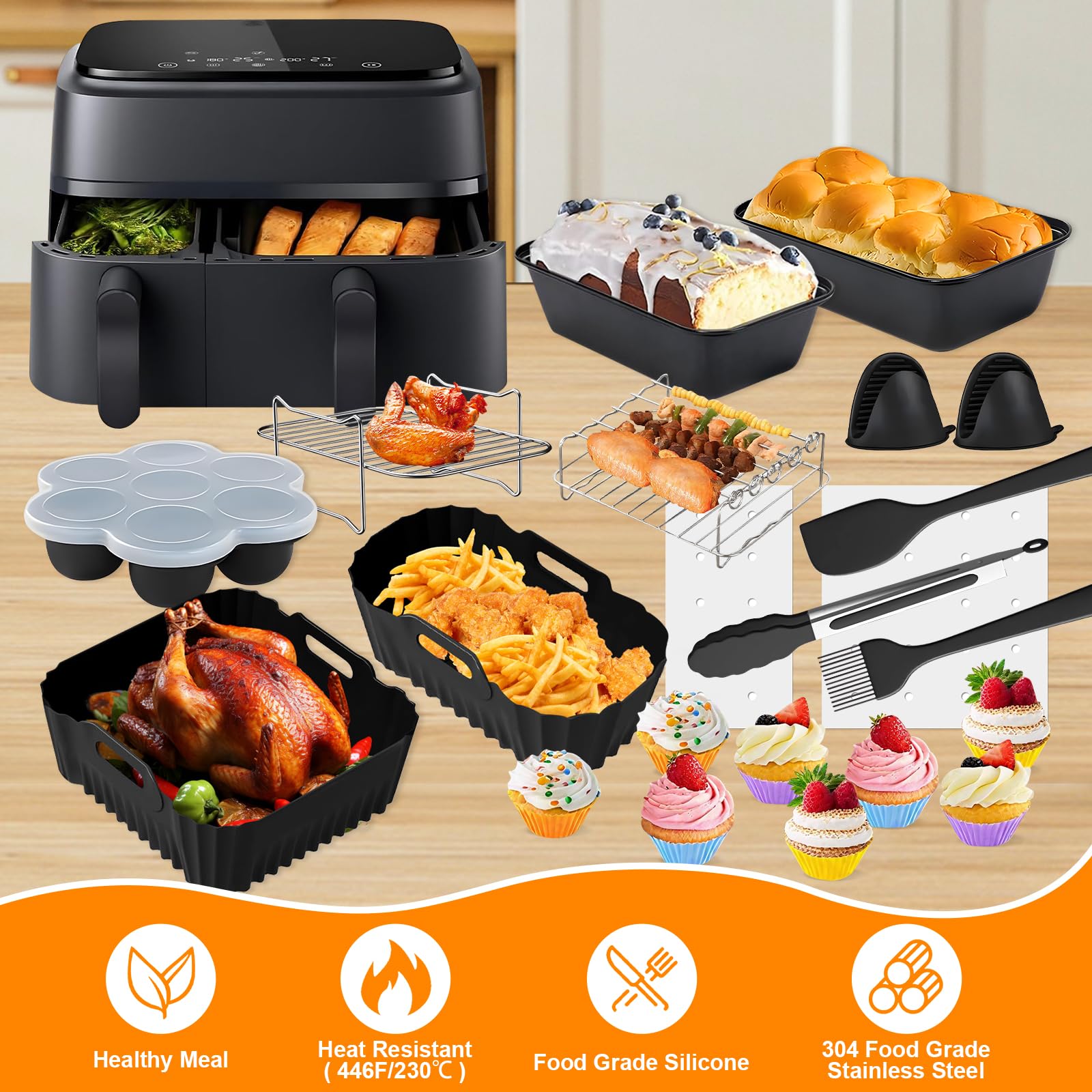 Set Accessori Per Friggitrice Ad Aria Philips Dual Basket 6L+3L - 24 Pezzi Con Stampini Silicone, Griglie, Spiedini, Guanti