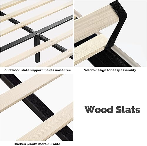 Miniatura 5 de Youmumeub Marco de cama tapizado, marco de cama matrimonial con cabecera ajustable, marco de cama de plataforma completa compatible con marco de