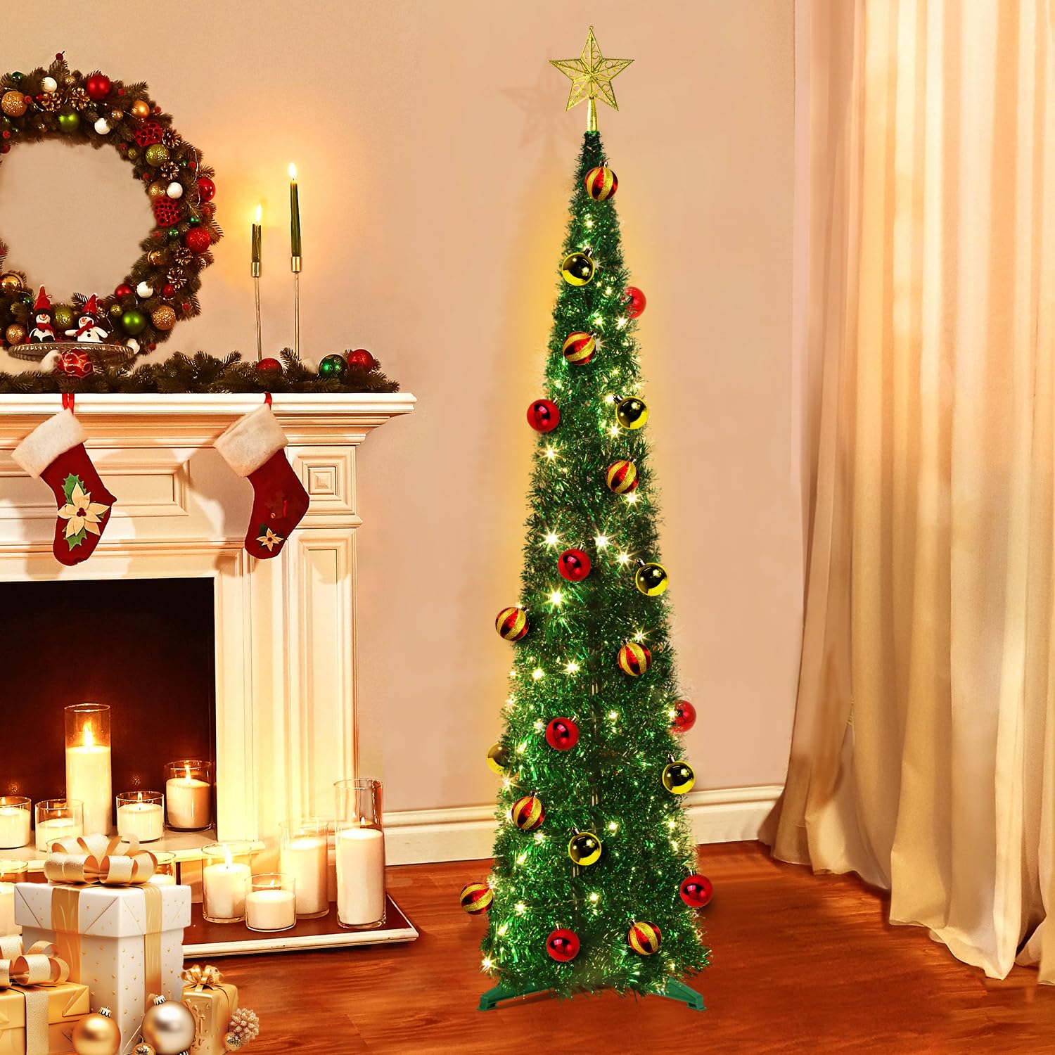 5 ft pop up tinsel christmas tree with timer 60 warm multi color change lights 25 ball ornaments 4 modes 3d star battery operated artificial xmas tree home indoor outdoor decor (green)