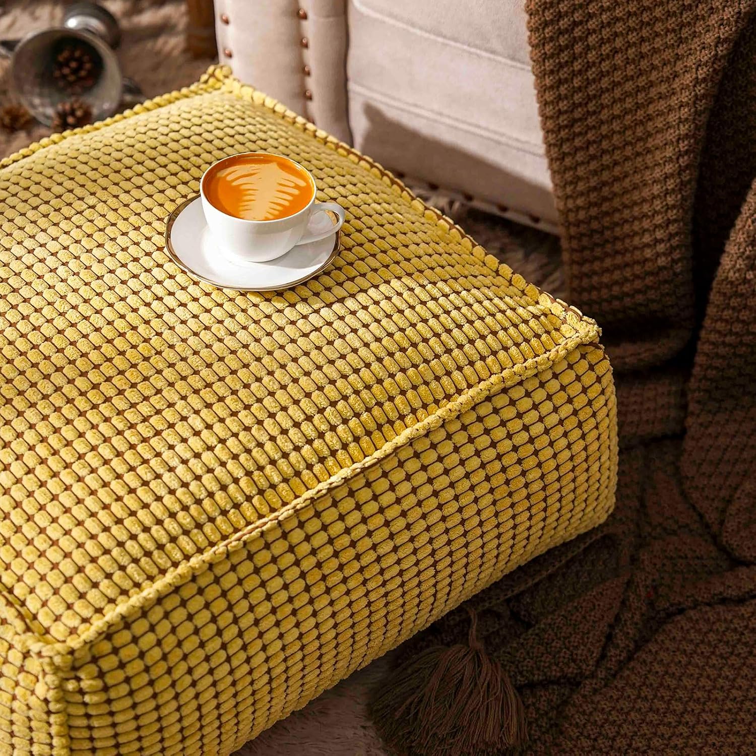 SUTAVIA Pouf Ottoman Cover Unstuffed Pouf Seat Decorative Soft Storage Bean Bag 20x20x8 Inches Square Floor Footrest for Living Room Bedroom (Yellow, Square)