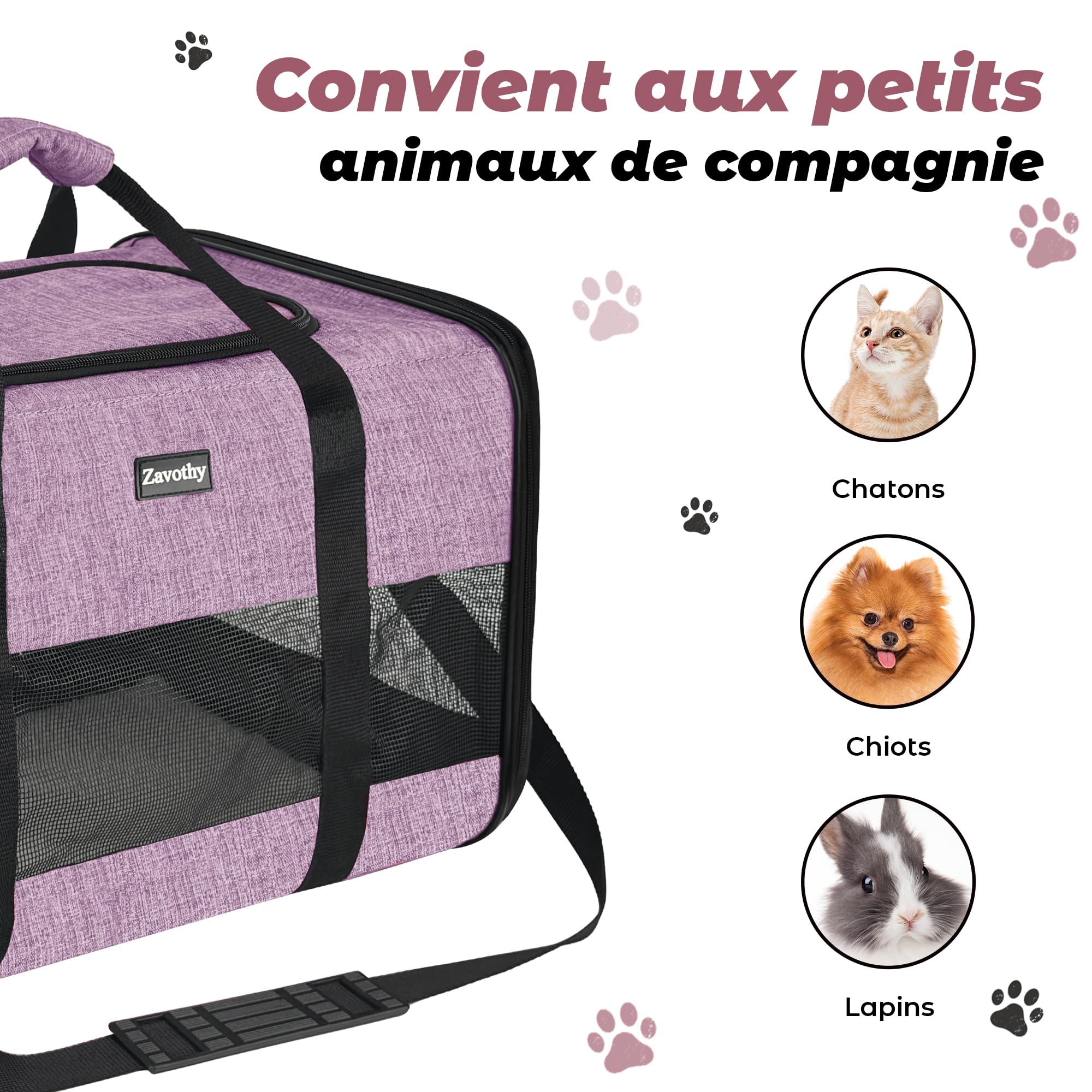 Zavothy Borsa per il trasporto per gatti e cani, borsa per il trasporto, traspirante e pieghevole, trasportino per gatti con tracolla regolabile, materasso in peluche rimovibile (viola, L)