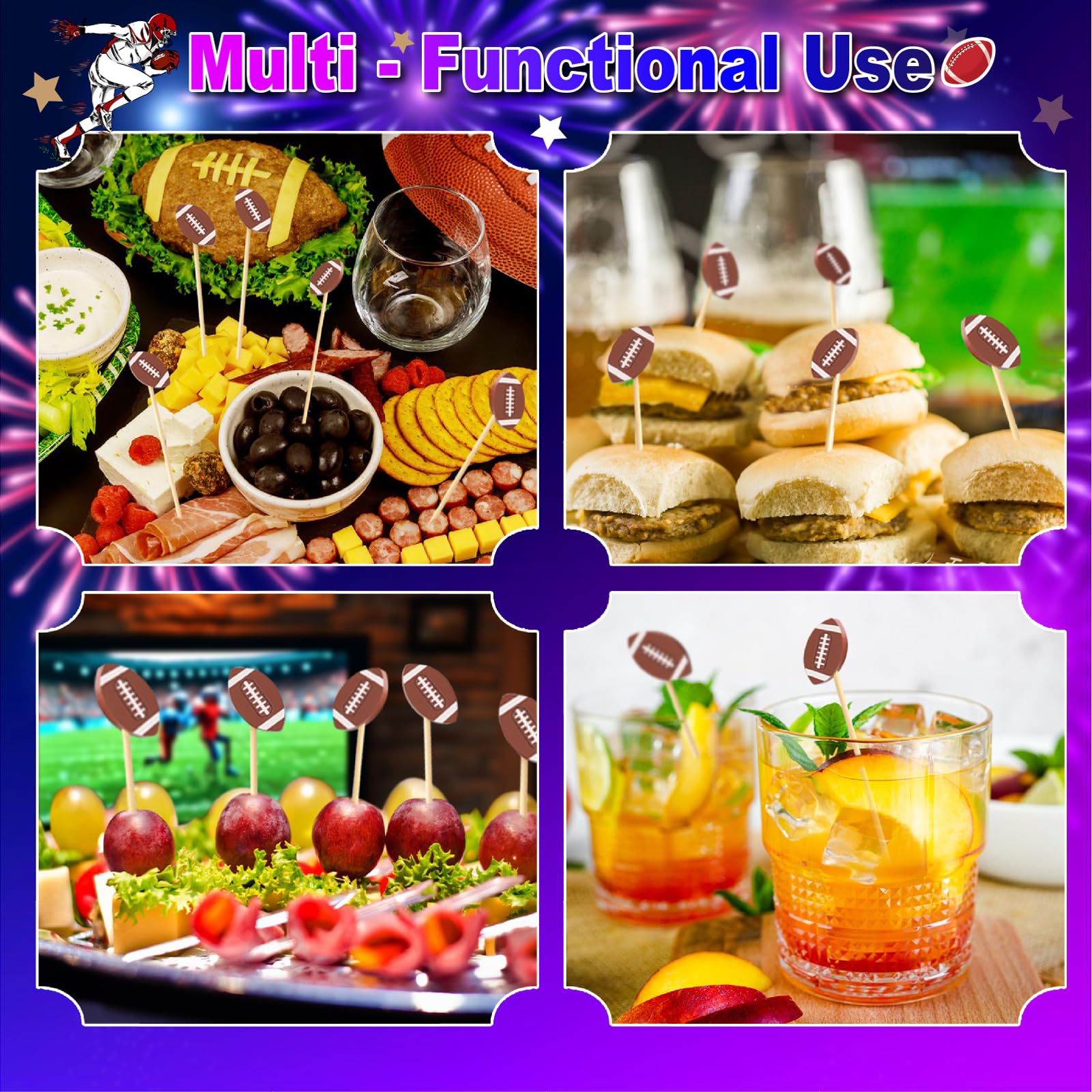 100 palillos de cóctel de fútbol, palillos de dientes decorativos para aperitivos, bebidas, alimentos de frutas, pinchos de bambú de 4.7 pulgadas de largo, palitos de charcutería para pelota de rugby,