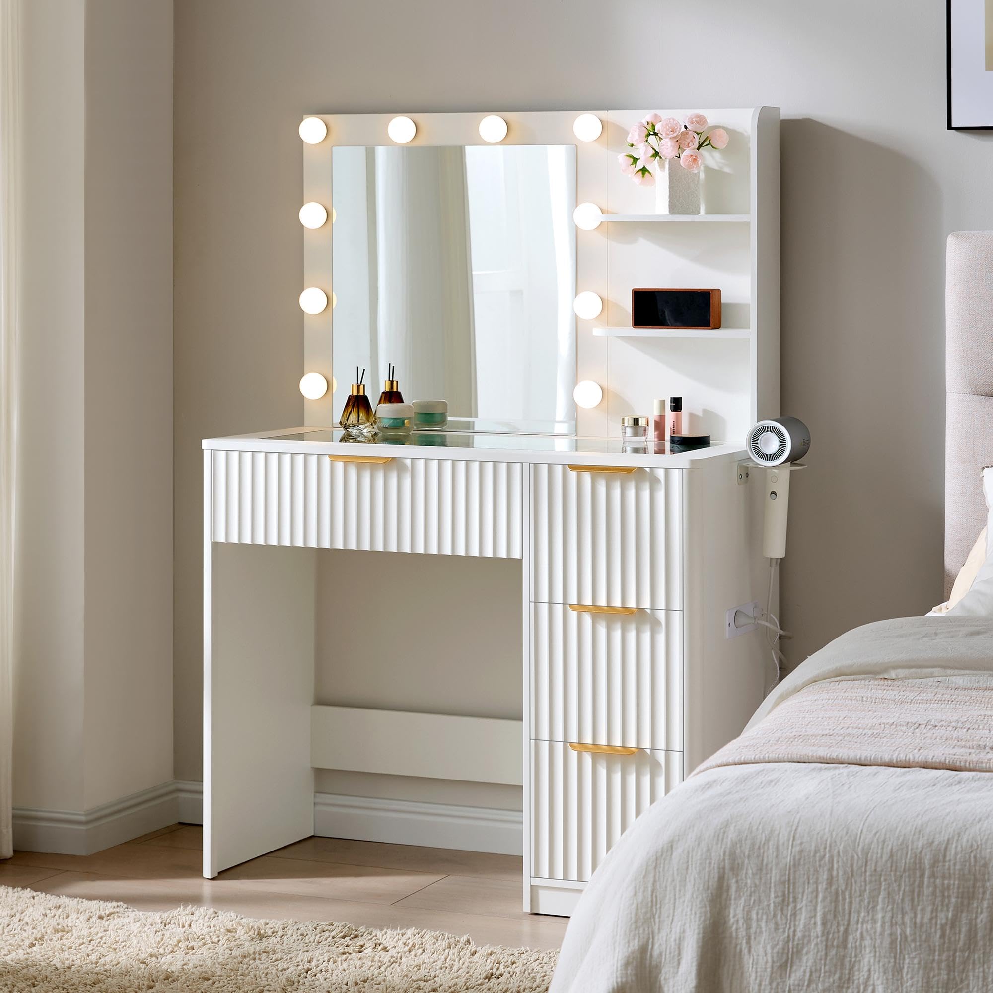 LUXOAK Fluted Dressing Table with Mirror and Adjustable LED Lights, 4 Spacious Drawers Makeup Vanity with Glass Top & Charging Station for Women & Girls, Bedroom or Student Accommodation, White