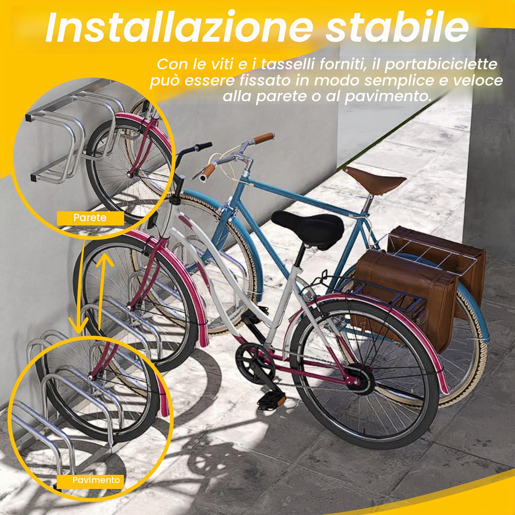 AUFUN Parcheggio bici per 6 Biciclette Anti-ruggine Portabiciclette Rastrelliera Supporto in metallo para Pavimento o Paretesalvaspazio, Risparmio di Spazio