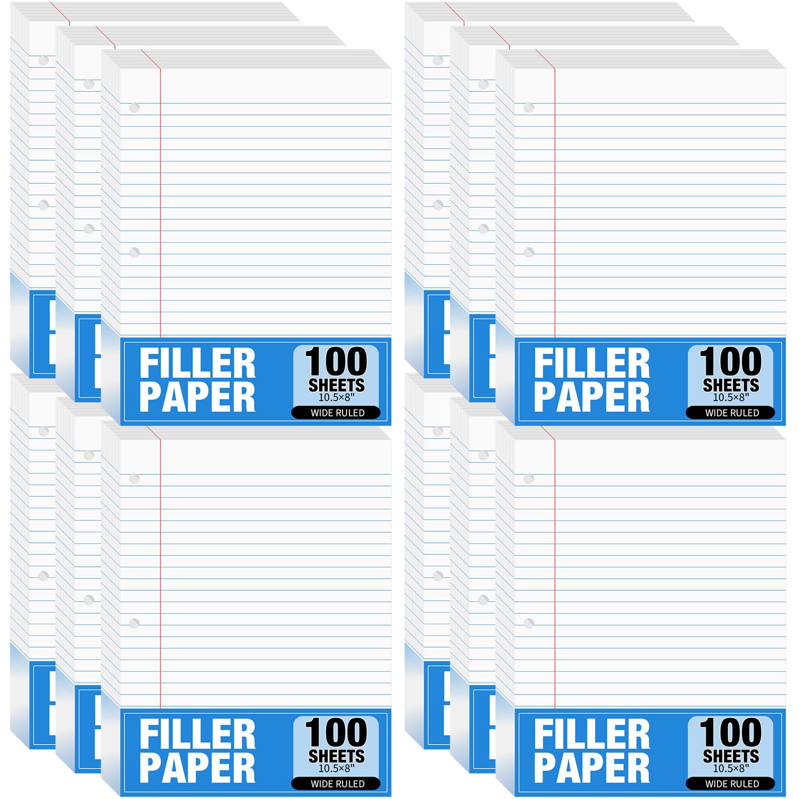 Fulmoon Carta per quaderni con 3 fori, 100 fogli per confezione, 20 x 26,9 cm, 56 g/m², carta di riempimento per adulti, studenti, raccoglitori universitari e scolastici (12, a righe larghe)
