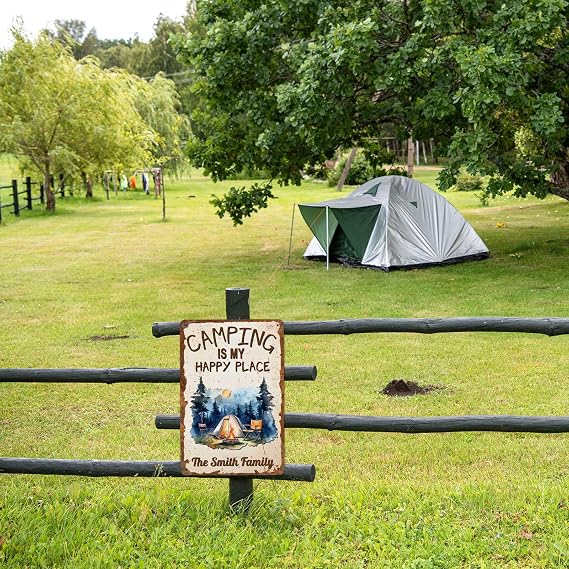 Custom Camping is My Happy Place Camping Zone with Tent Metal Tin Sign Retro Camping Signs RV Camping Accessories, 18 x 12 Inch, Custom Family Name Outdoor Sign for Campsite, Style 6