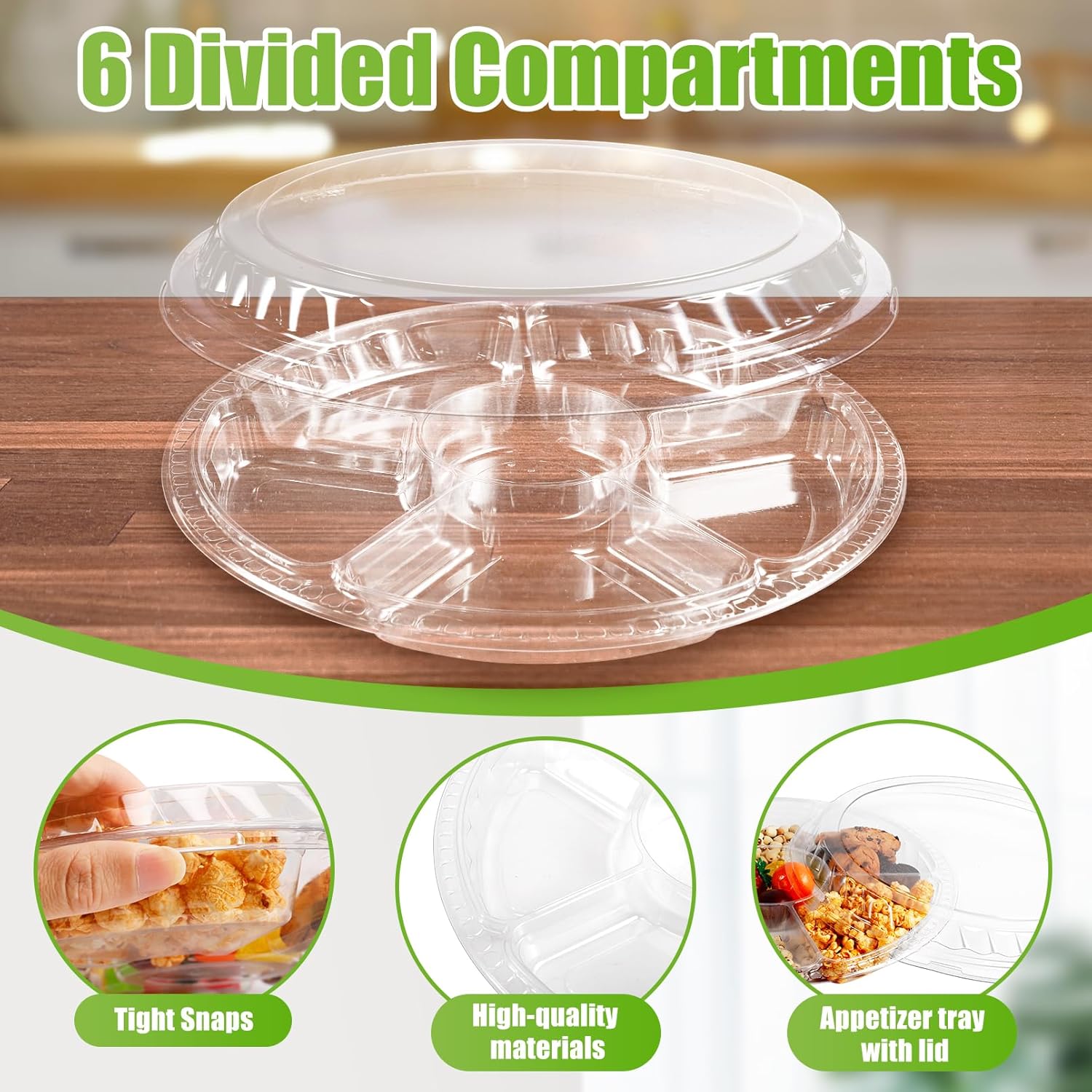 30 PCS Plastic Appetizer Trays with Lids, Disposable Serving Tray with 6 Compartment, 12.3 Inch Clear Round Food Container Platter, Heavy Duty Serving Trays for Salad Veggie Fruit Snack