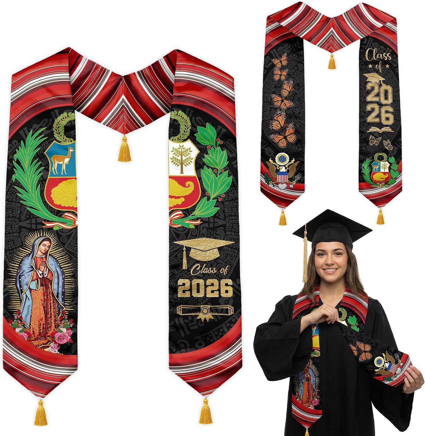 Country Graduation Stole with Gold Tassels – Class of 2026 Reversible 72" Sash for High School & University