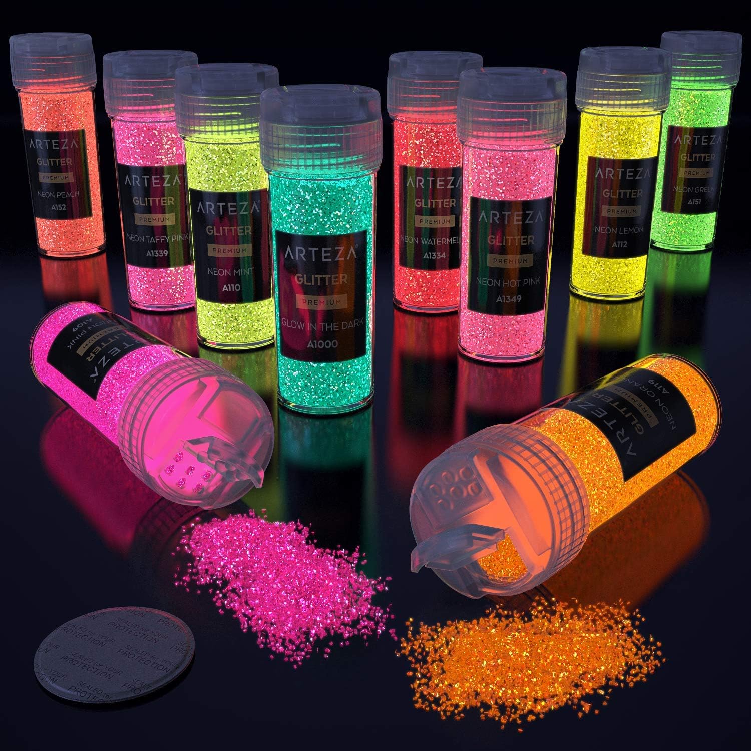 Arteza Fine Glitter, Set of 54 Colors, Shaker Jars (0.34oz/9.6 g) Glow Under UV Black Light, Extra Fine, Art Supplies for DIY Crafts