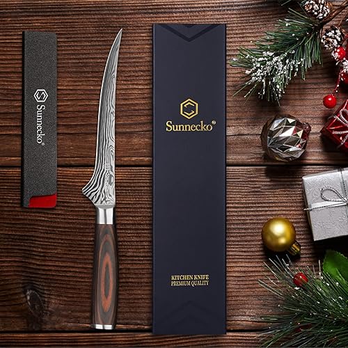 Miniatura 7 de Sunnecko Cuchillo deshuesador para cortar carne, cuchillo de filete de 6 pulgadas con funda, cuchillo de pesca de acero inoxidable de alto carbono,
