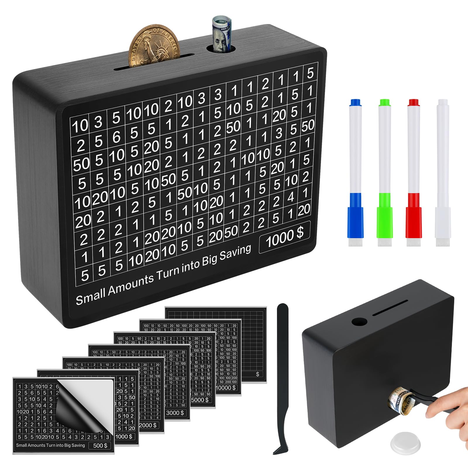 Wooden Money Saving Box with 8 Saving Targets and 4 Marker Pens, Piggy Bank for Adults and Kids, Cash Vault Savings Box with Counter, Reusable Cash Coin Retro Deposit Jar- Ideal Gift for All Ages